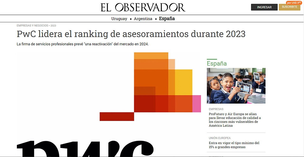 PwC lidera el ranking de asesoramientos durante 2023